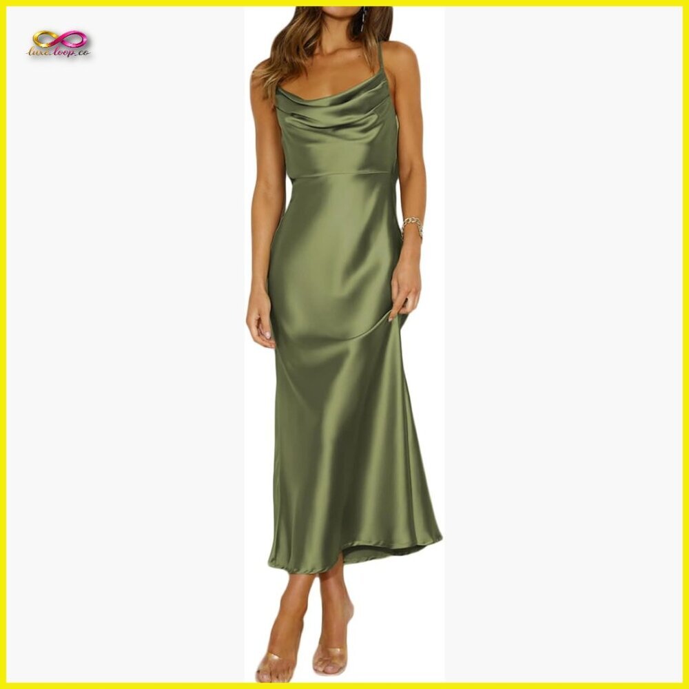 Satin Midi Dress Elegant Cowl Neck Backless Tie Cocktail Party Wear